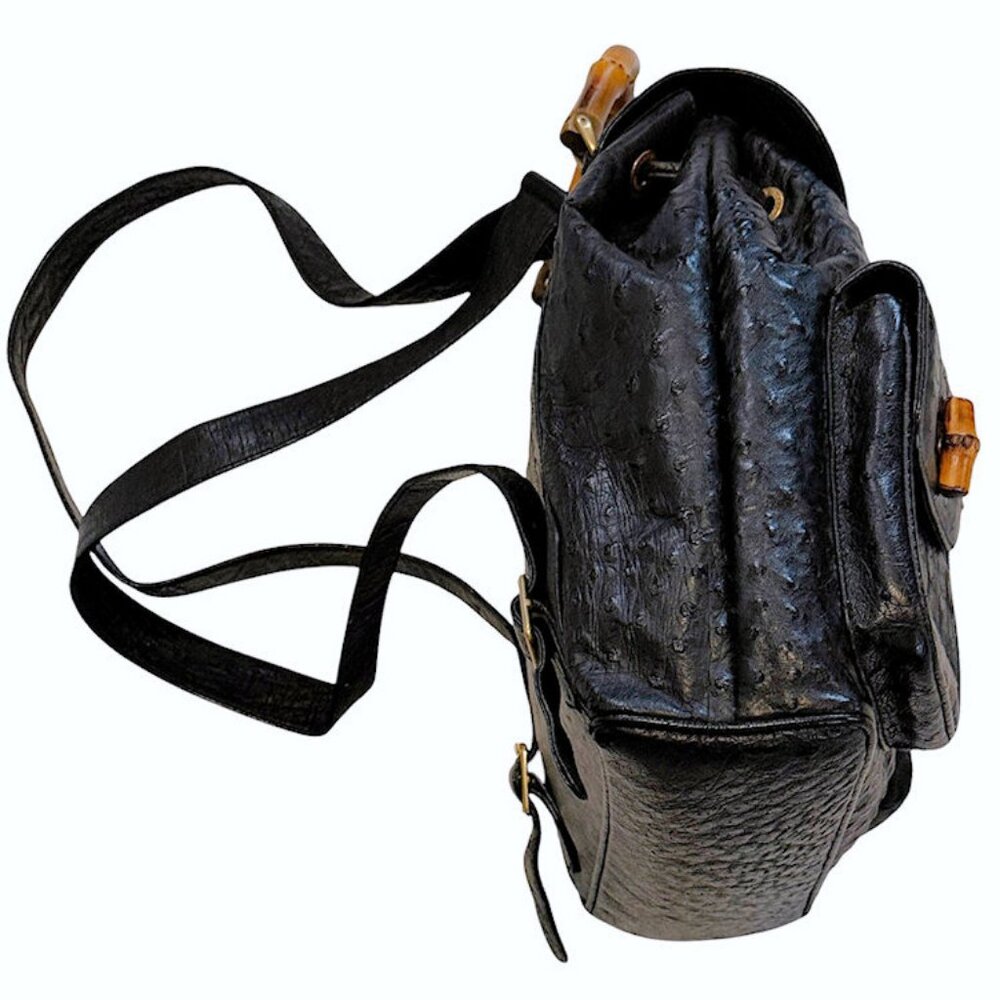 Vintage GUCCI Black Ostrich Skin Backpack Handbag with Bamboo Accents - Picture 6 of 15